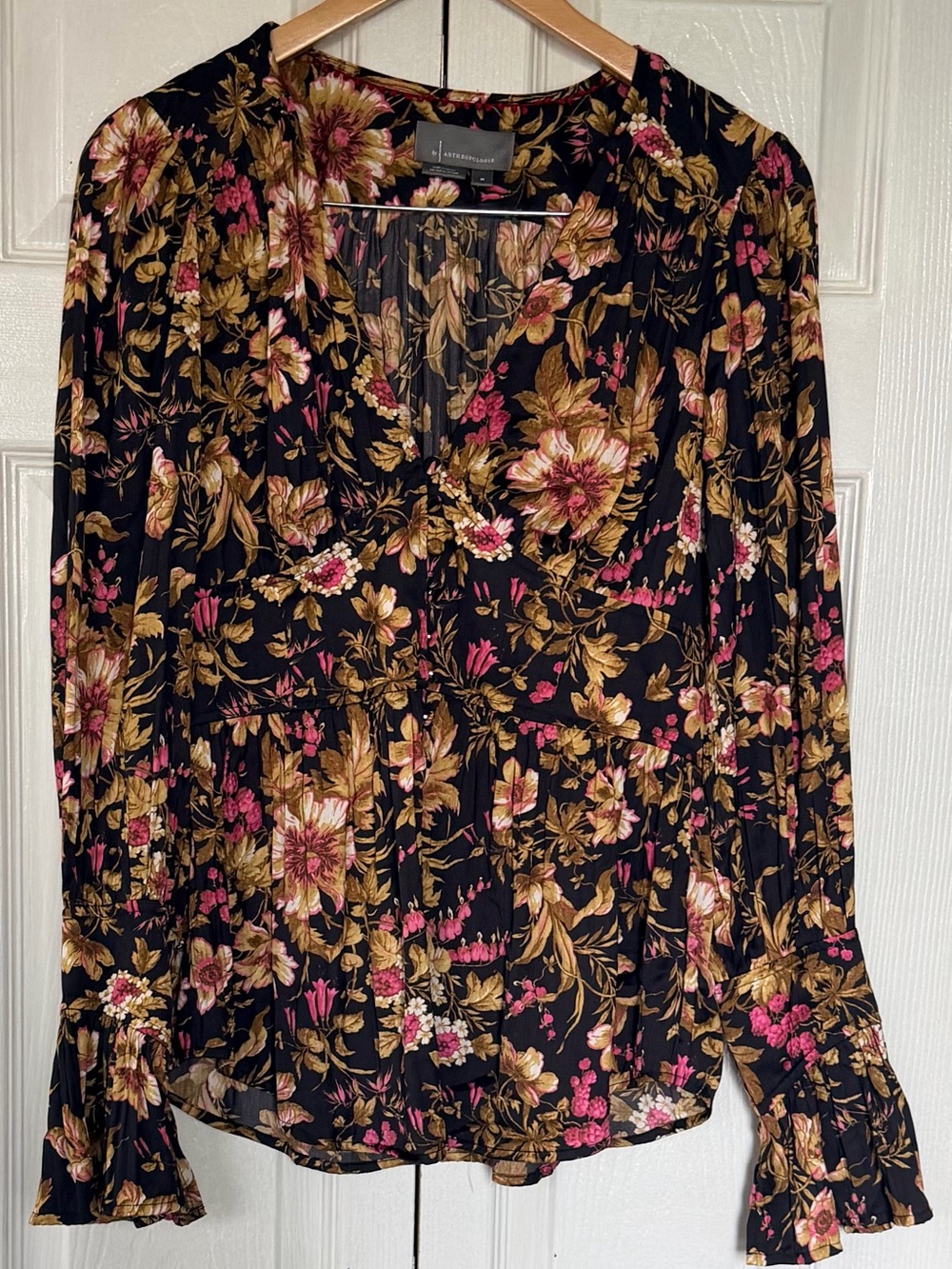 Anthropologie Black Floral V-Neck Long-Sleeve Blouse with Pink & Gold Accents